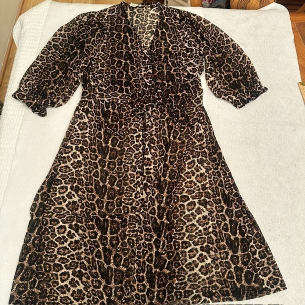Vintage Ember Leopard Print Wrap Dress Brown Black XL Puff Sleeve Midi Animal